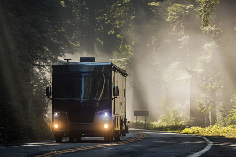 Diesel Pusher Motorhome RV on a Scenic California Highway